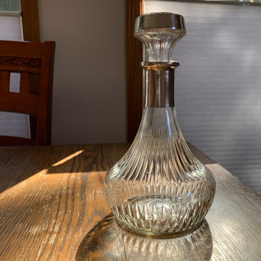 Vintage Glass Decanter Silver Trim Glass Stopper
